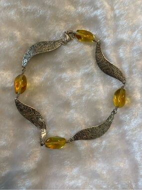 🍀925 Sterling Silver Amber Color Glass & Filigree Silver Bracelet